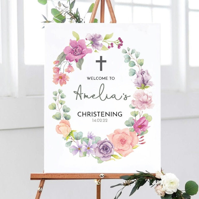 Pastel Floral Christening Welcome Sign