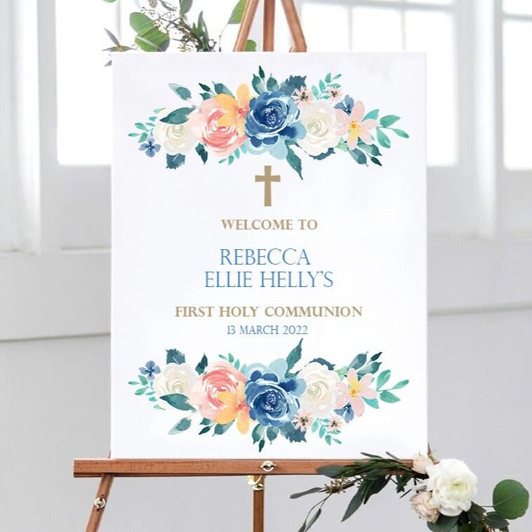 Blue Rose First Holy Communion Welcome Sign or Christening, Baptism