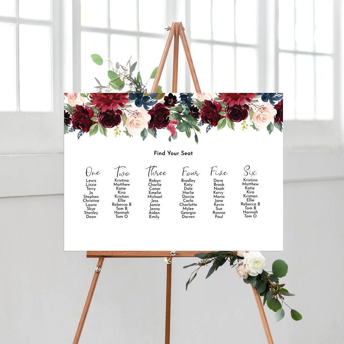 Burgundy & Navy Wedding Seating Plan Sign - Smart Party Shop