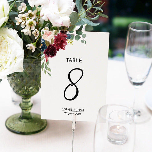 Burgundy & Navy Wedding Table Number Cards - Smart Party Shop