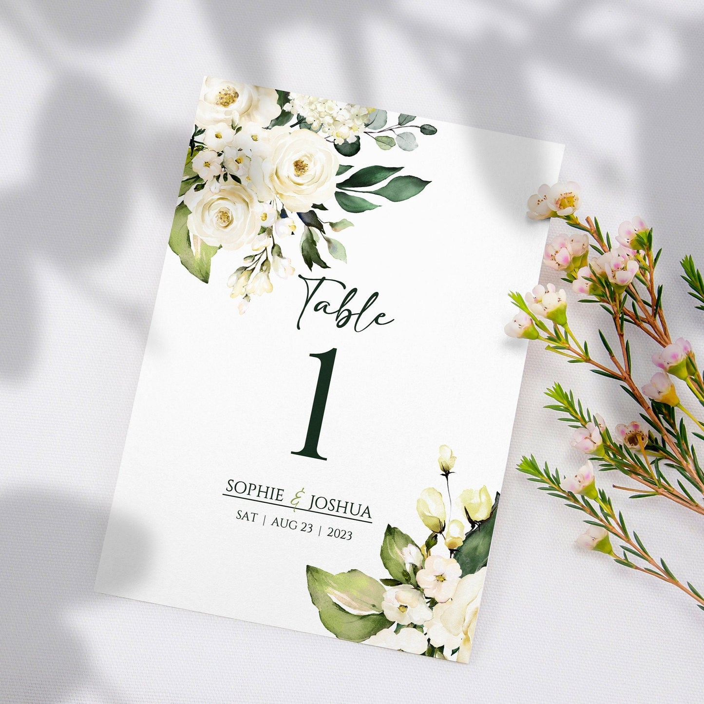 White Rose Wedding Table Number Cards