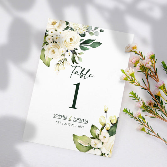 White Rose Wedding Table Number Cards