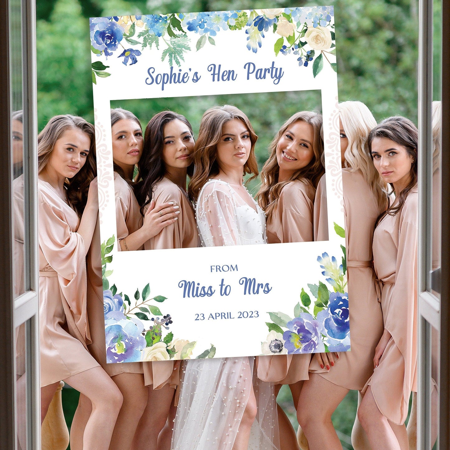 Blue Floral Hen Party Selfie Frame and Party Sign
