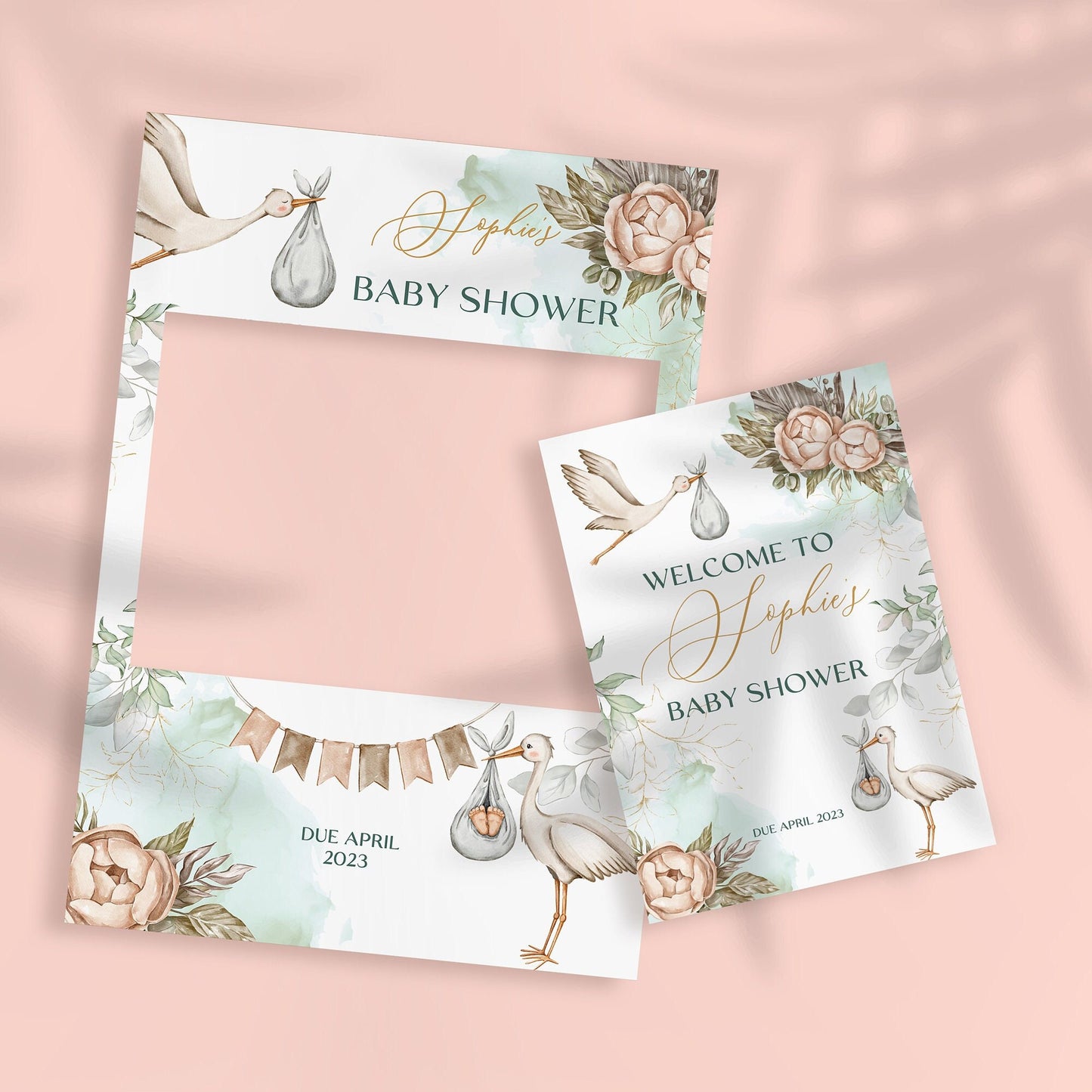 Stork and Flowers Baby Shower Party Selfie Frame and Party Sign