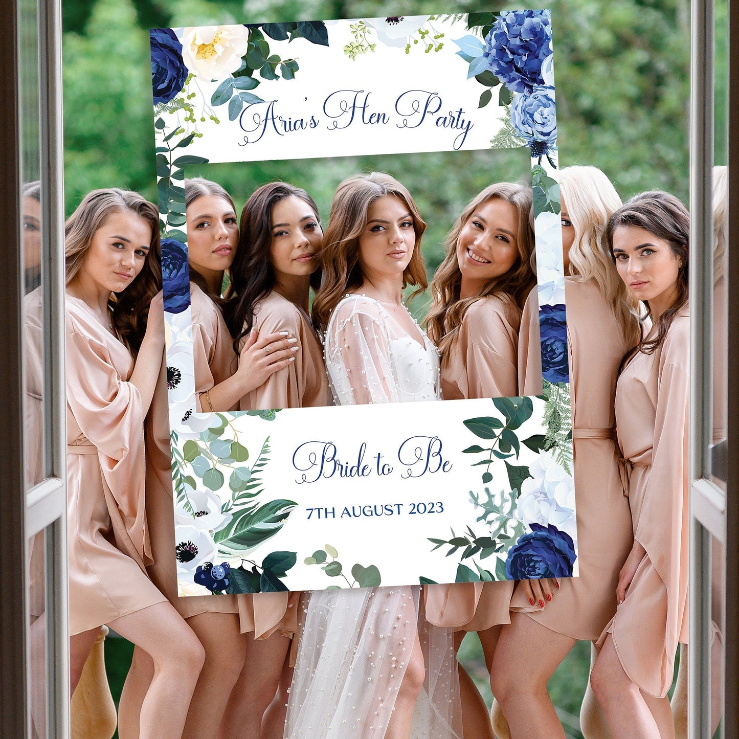 Navy Blue Floral Hen Party Selfie Frame and Party Sign