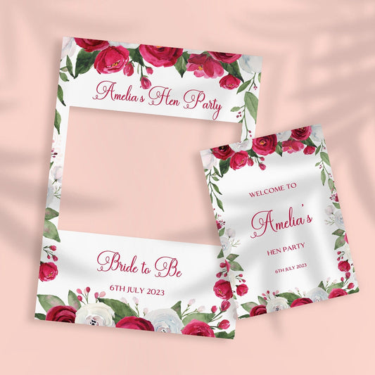 Red Floral Hen Party Selfie Frame and Party Sign