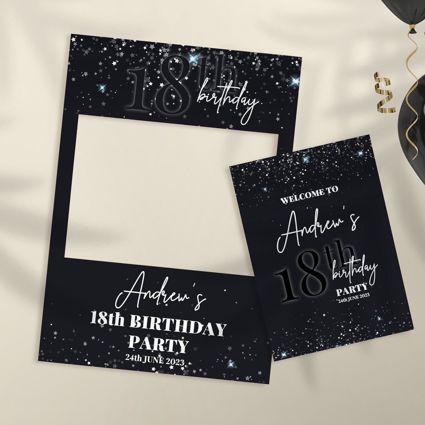 Black and Silver 18th Birthday Party Selfie Frame and Party Sign