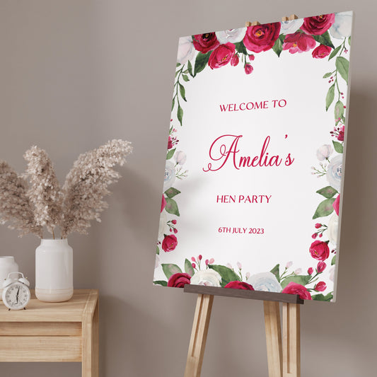 Red Floral Hen Party Welcome Sign