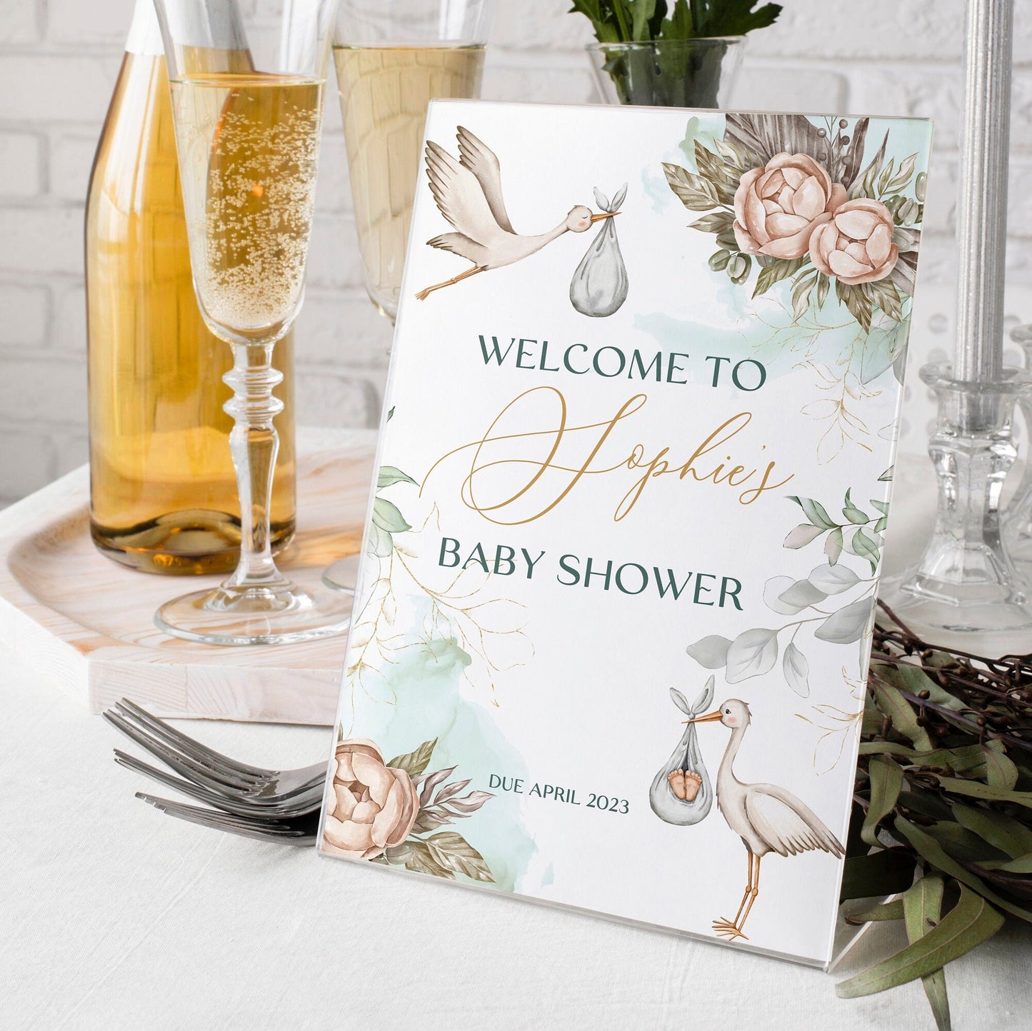 Stork and Flowers Baby Shower Sign