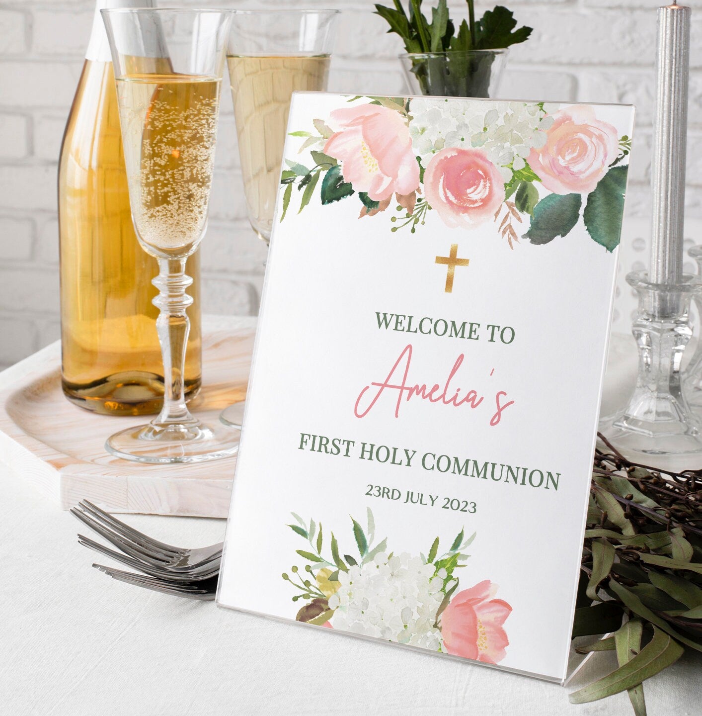 Blush Pink 1st Holy Communion Selfie Frame & Welcome Sign