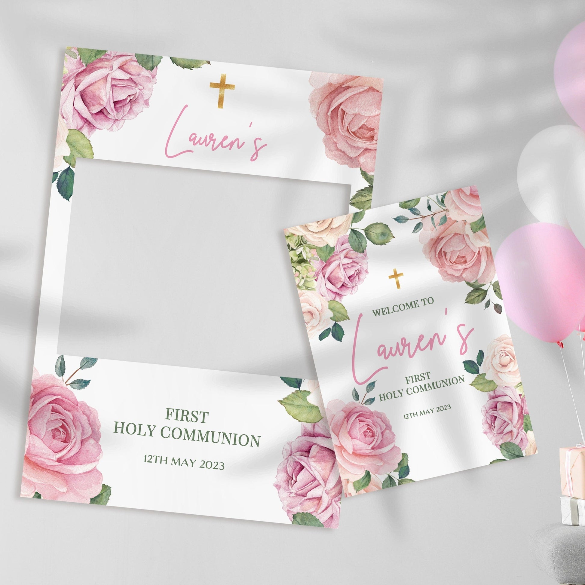 Pink Roses 1st Holy Communion Selfie Frame & Welcome Sign – Smart Party ...