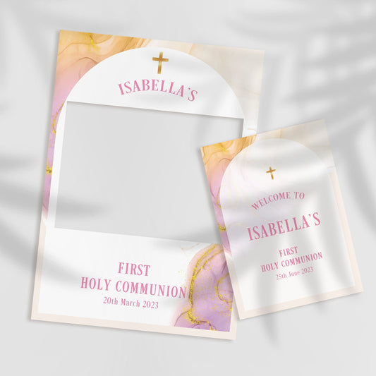 Pink and Gold 1st Holy Communion Selfie Frame & Welcome Sign