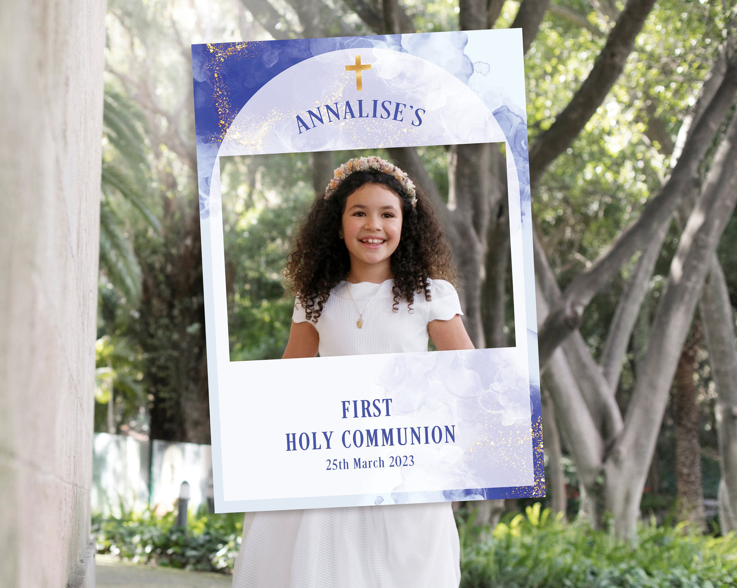 Blue and White 1st Holy Communion Selfie Frame & Welcome Sign