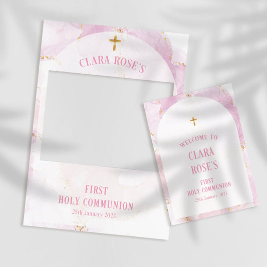 Pink and White First Holy Communion Selfie Frame & Sign