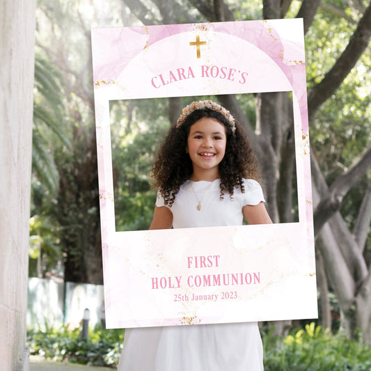 Pink and White First Holy Communion Selfie Frame & Sign