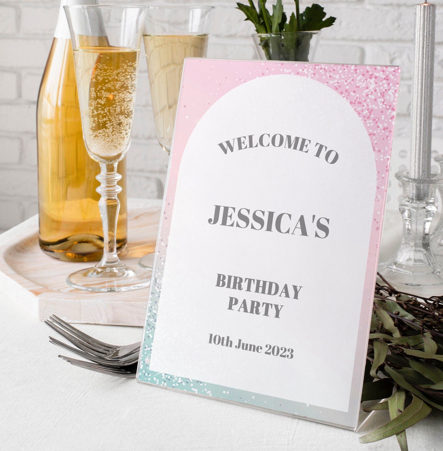 Pink and Silver Birthday Party Welcome Sign and Selfie Frame