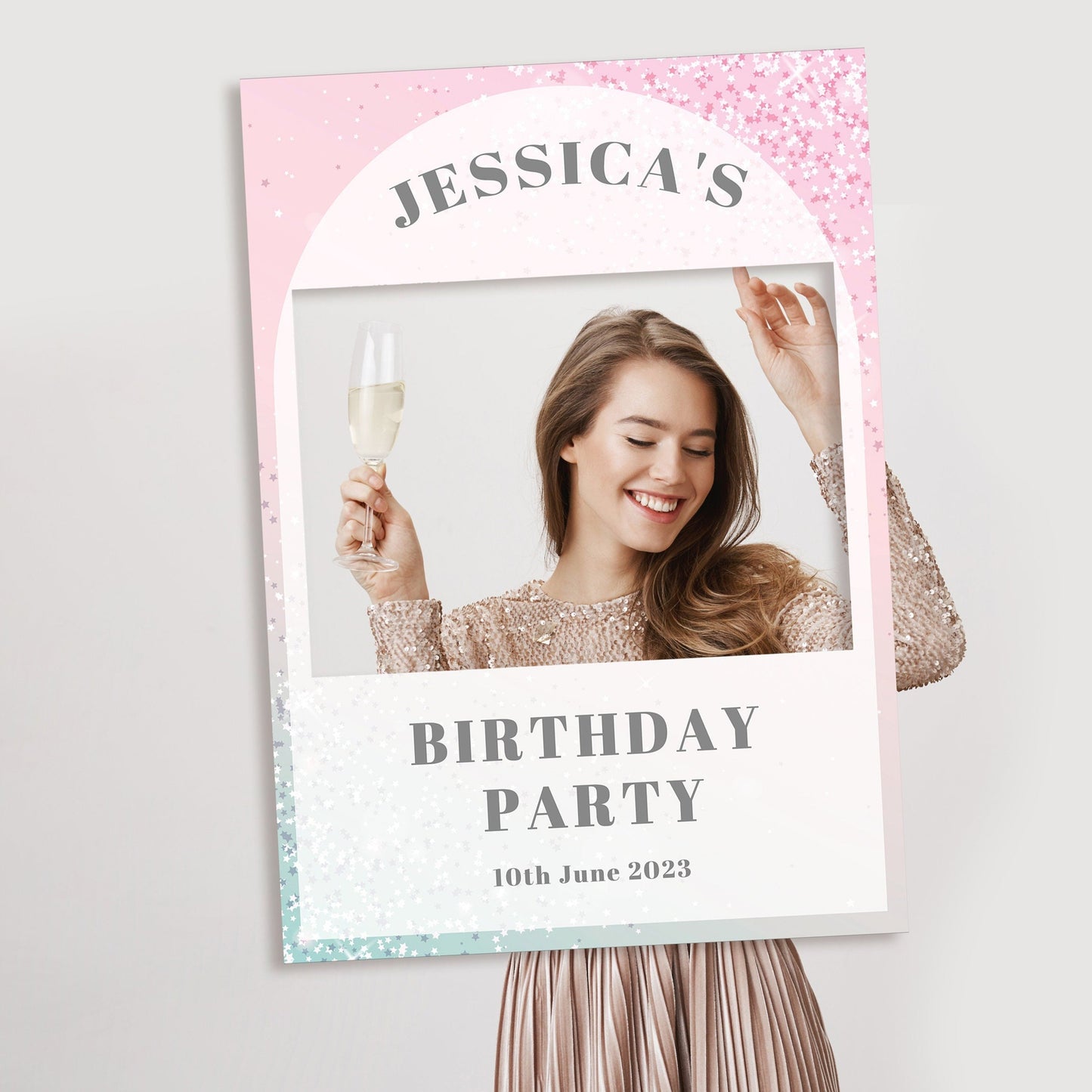 Pink and Silver Birthday Party Welcome Sign and Selfie Frame