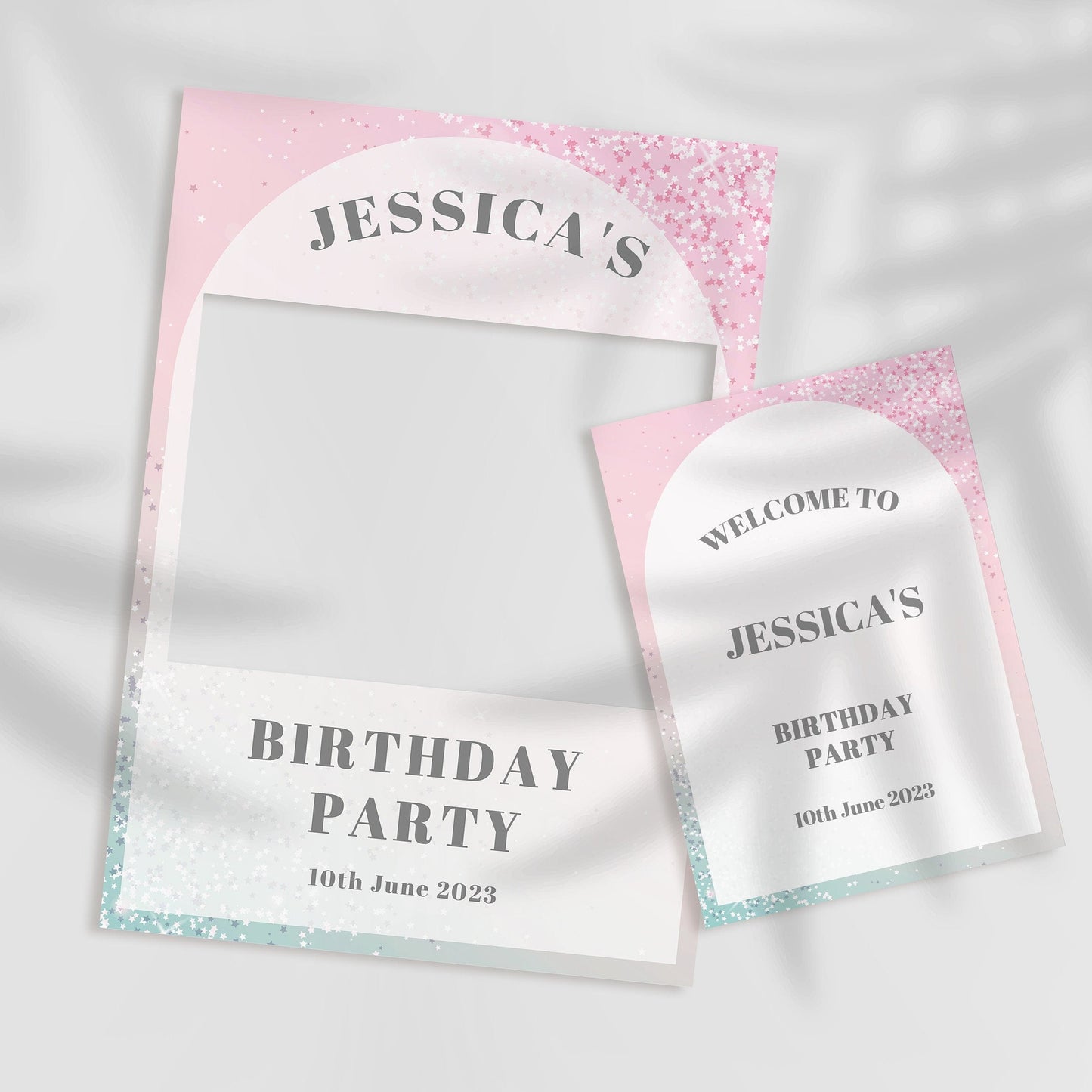 Pink and Silver Birthday Party Welcome Sign and Selfie Frame