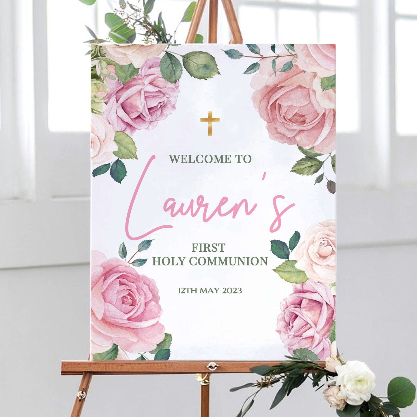 Pink Roses First Holy Communion Welcome Sign