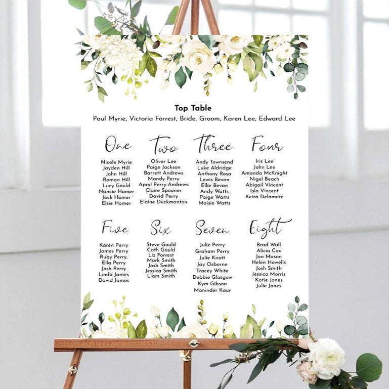 White Rose Floral Portrait Wedding Seating Plan Sign