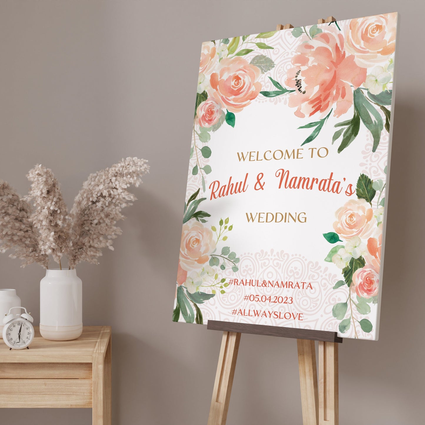 Peach Floral Mehndi / Nikah Party Welcome Sign