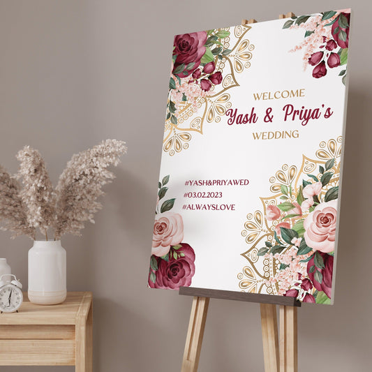 Burgundy Floral Nikah Welcome Sign