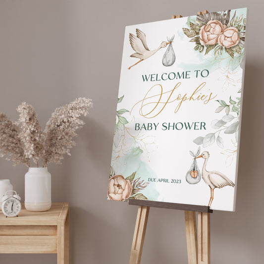 Stork and Flowers Baby Shower Sign