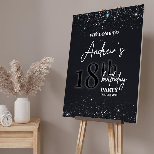 Black and Silver Birthday Party Welcome Sign