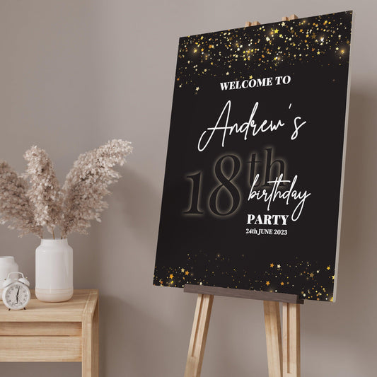 Black and Gold 18th Birthday Party Welcome Sign - Smart Party Shop