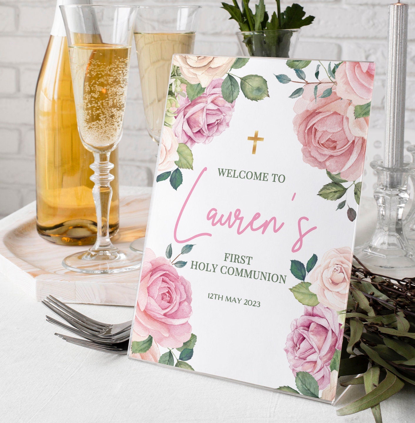 Pink Roses First Holy Communion Welcome Sign