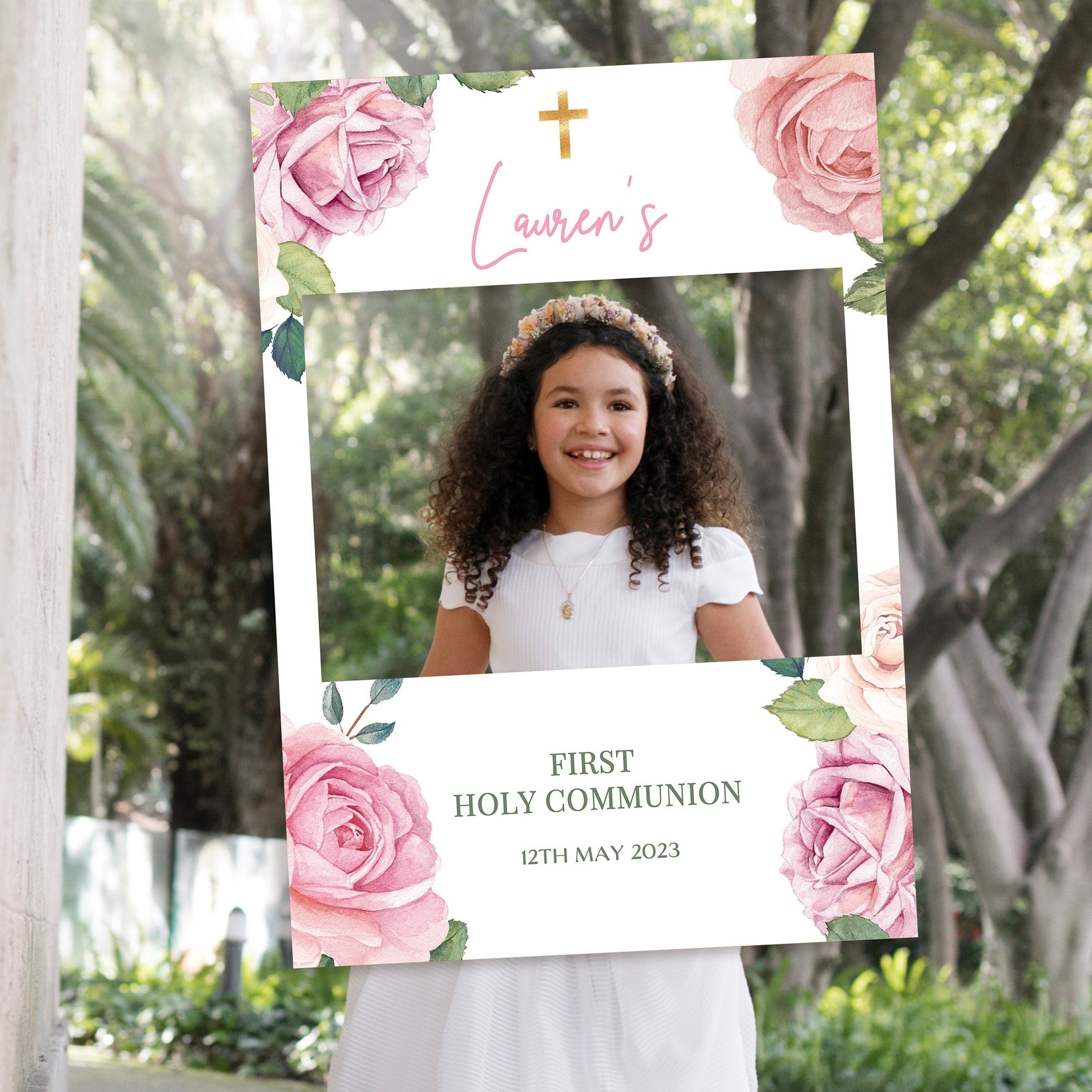 Pink Roses 1st Holy Communion Selfie Frame & Welcome Sign – Smart Party ...