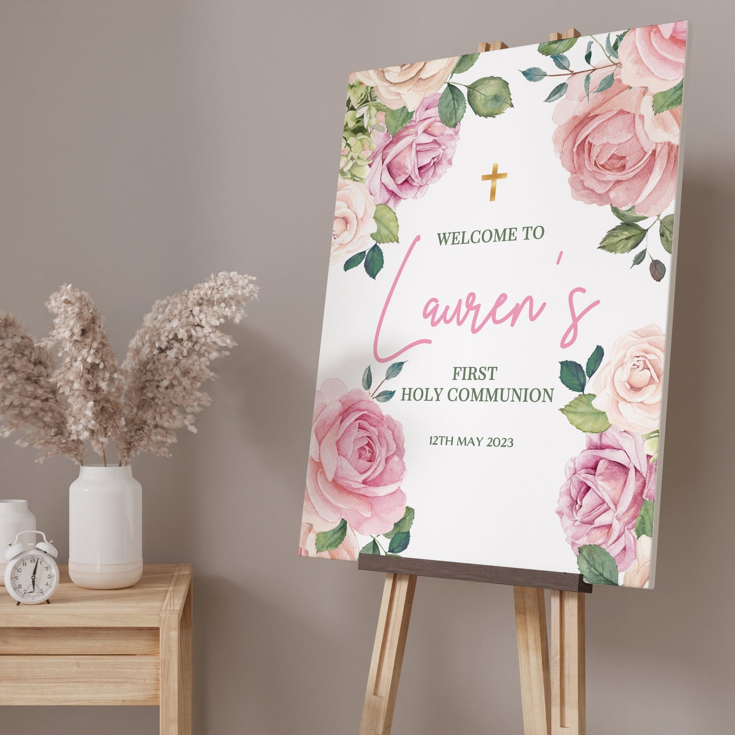 Pink Roses First Holy Communion Welcome Sign