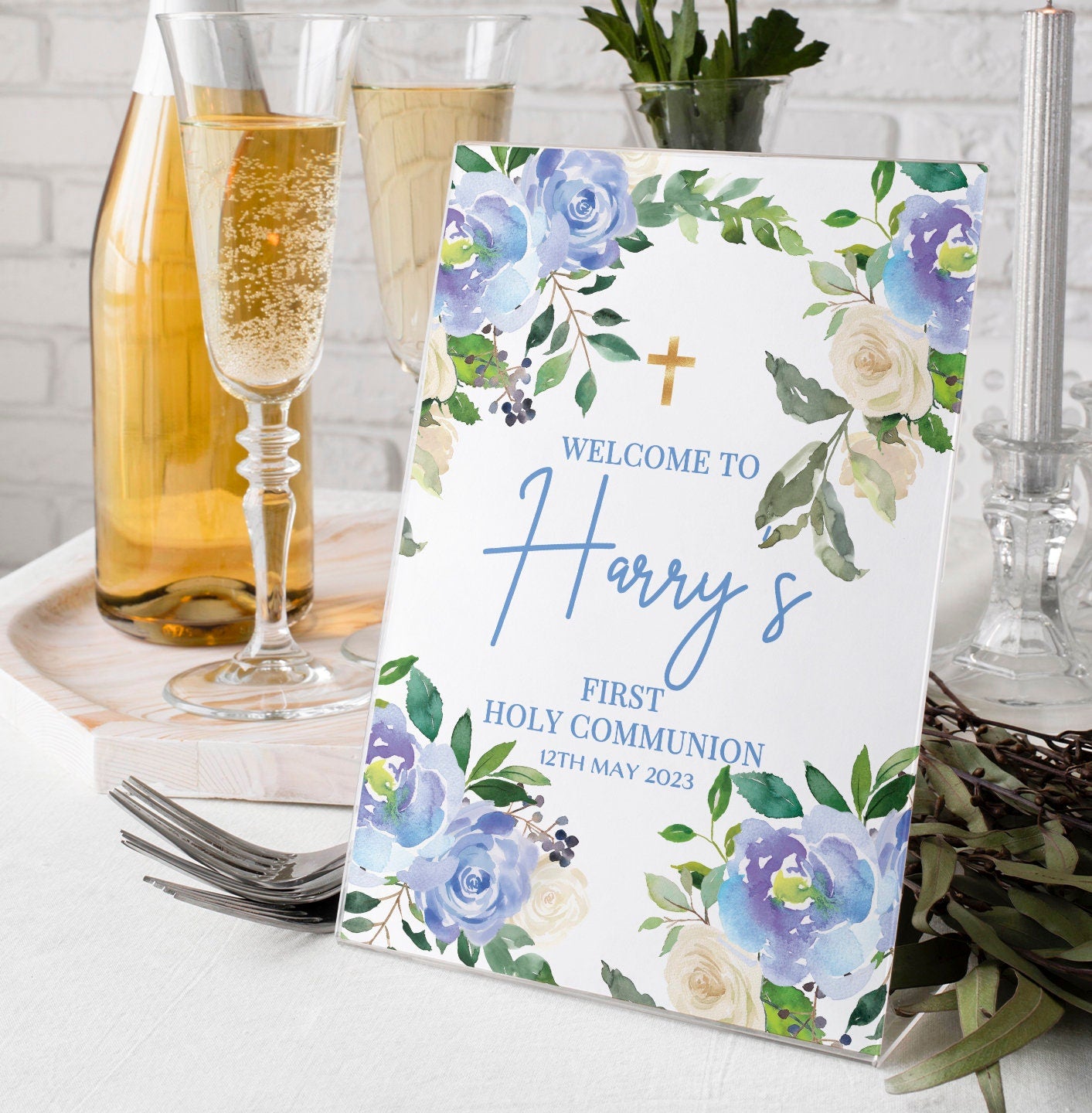 Blue Floral First Holy Communion Welcome Sign