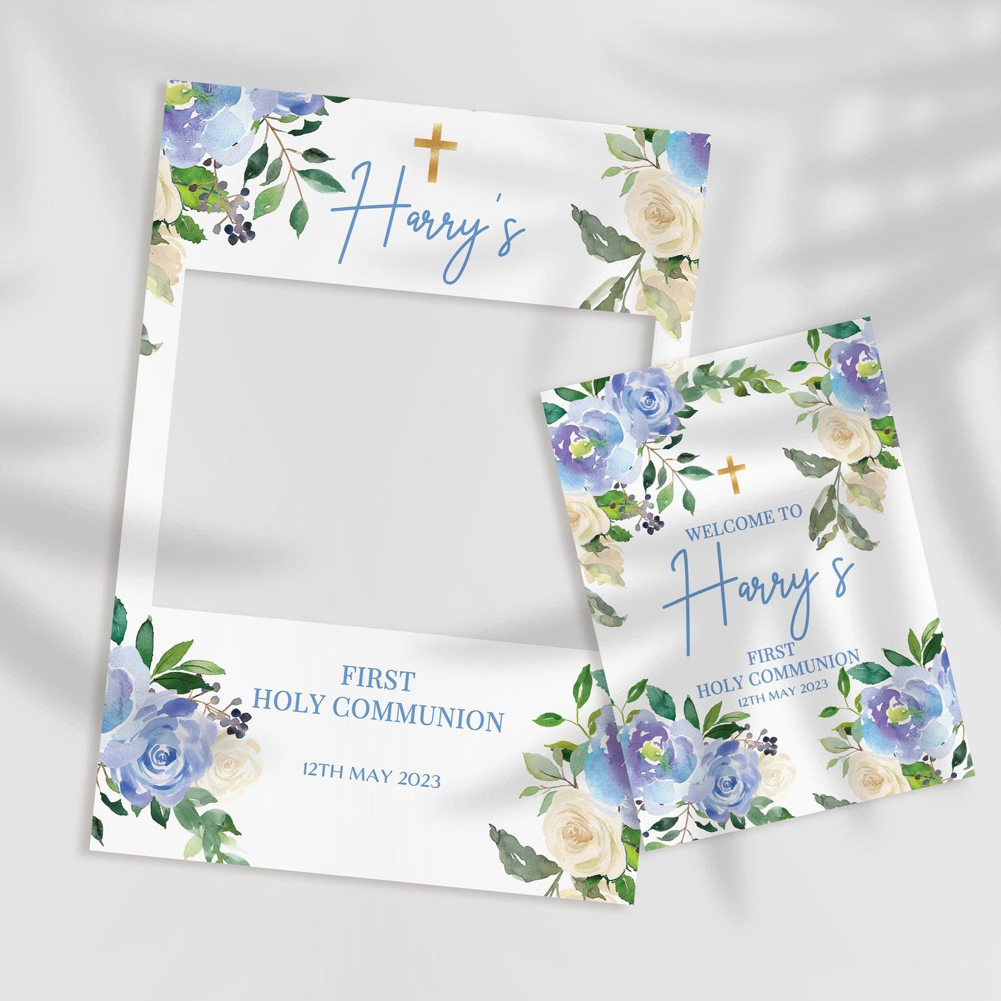 Blue Roses 1st Holy Communion Selfie Frame & Welcome Sign