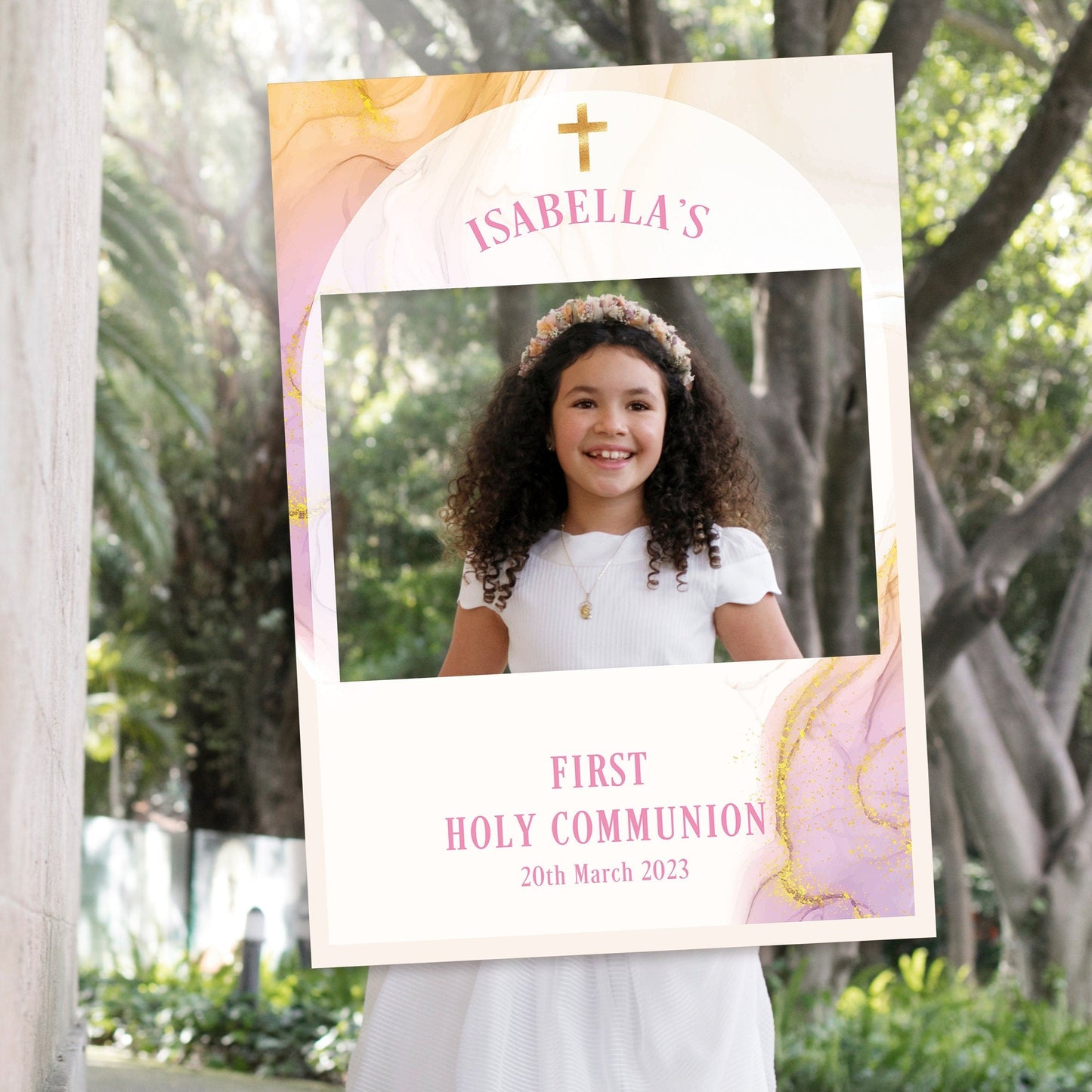 Pink and Gold 1st Holy Communion Selfie Frame & Welcome Sign