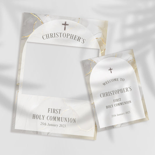 Grey and Gold 1st Holy Communion Selfie Frame & Welcome Sign