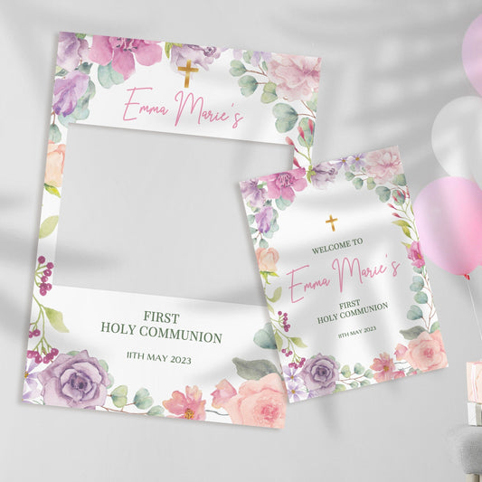 Pastel Pink 1st Holy Communion Selfie Frame & Party Sign