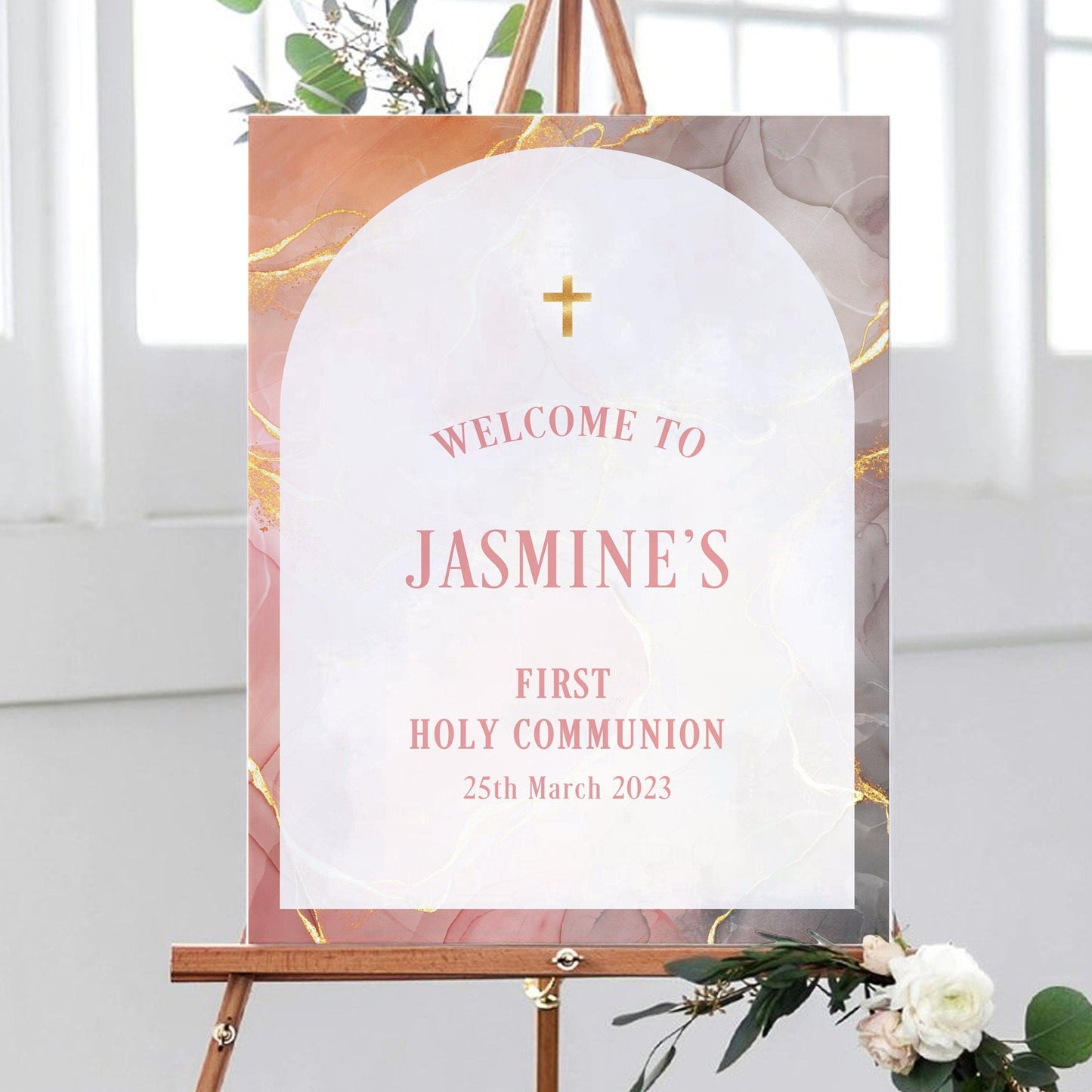 Orange Gold Marble 1st Holy Communion Welcome Sign