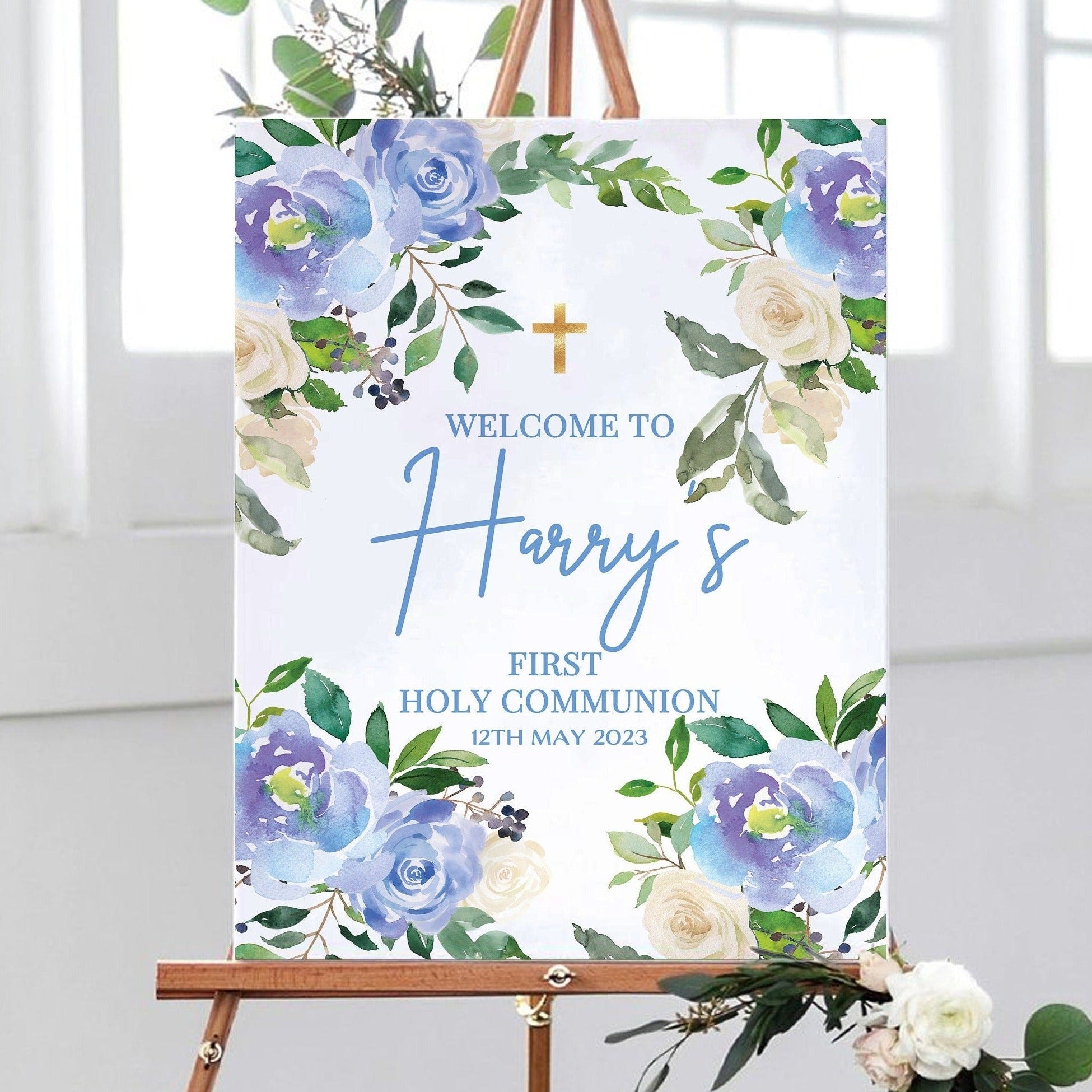 Blue Floral First Holy Communion Welcome Sign – Smart Party Shop