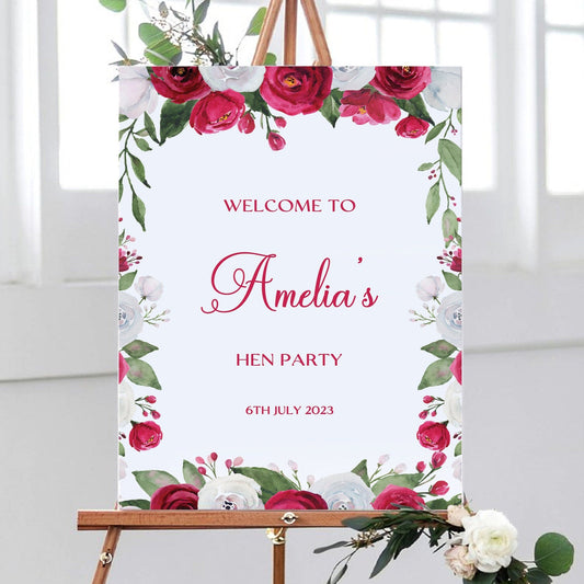 Red Floral Hen Party Welcome Sign