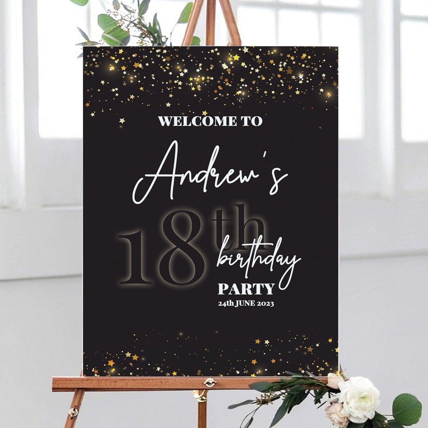 Black and Gold 18th Birthday Party Welcome Sign - Smart Party Shop