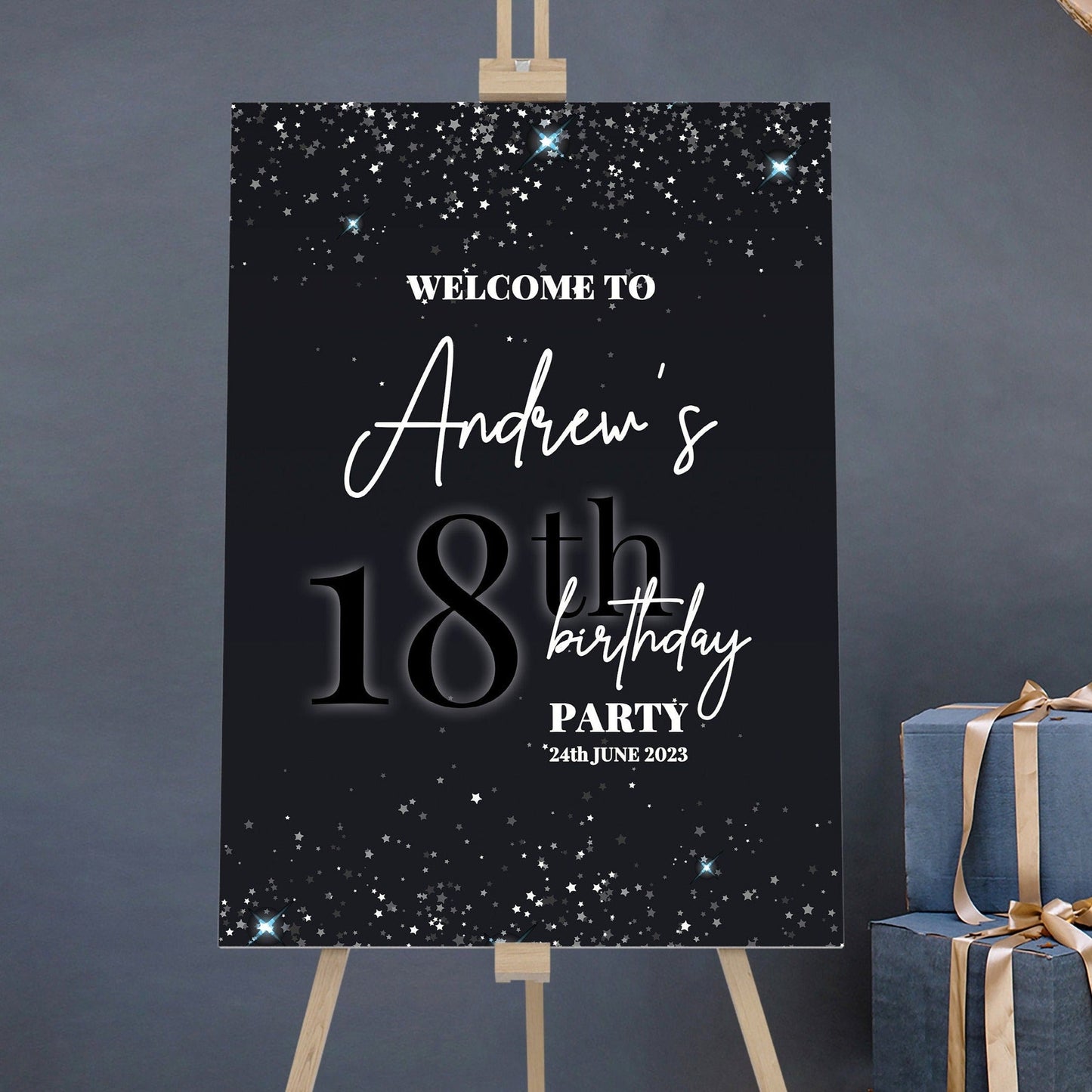 Black and Silver Birthday Party Welcome Sign