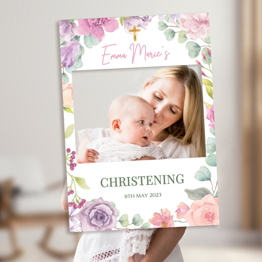 Pink Pastel Roses Christening Selfie Frame & Welcome Sign