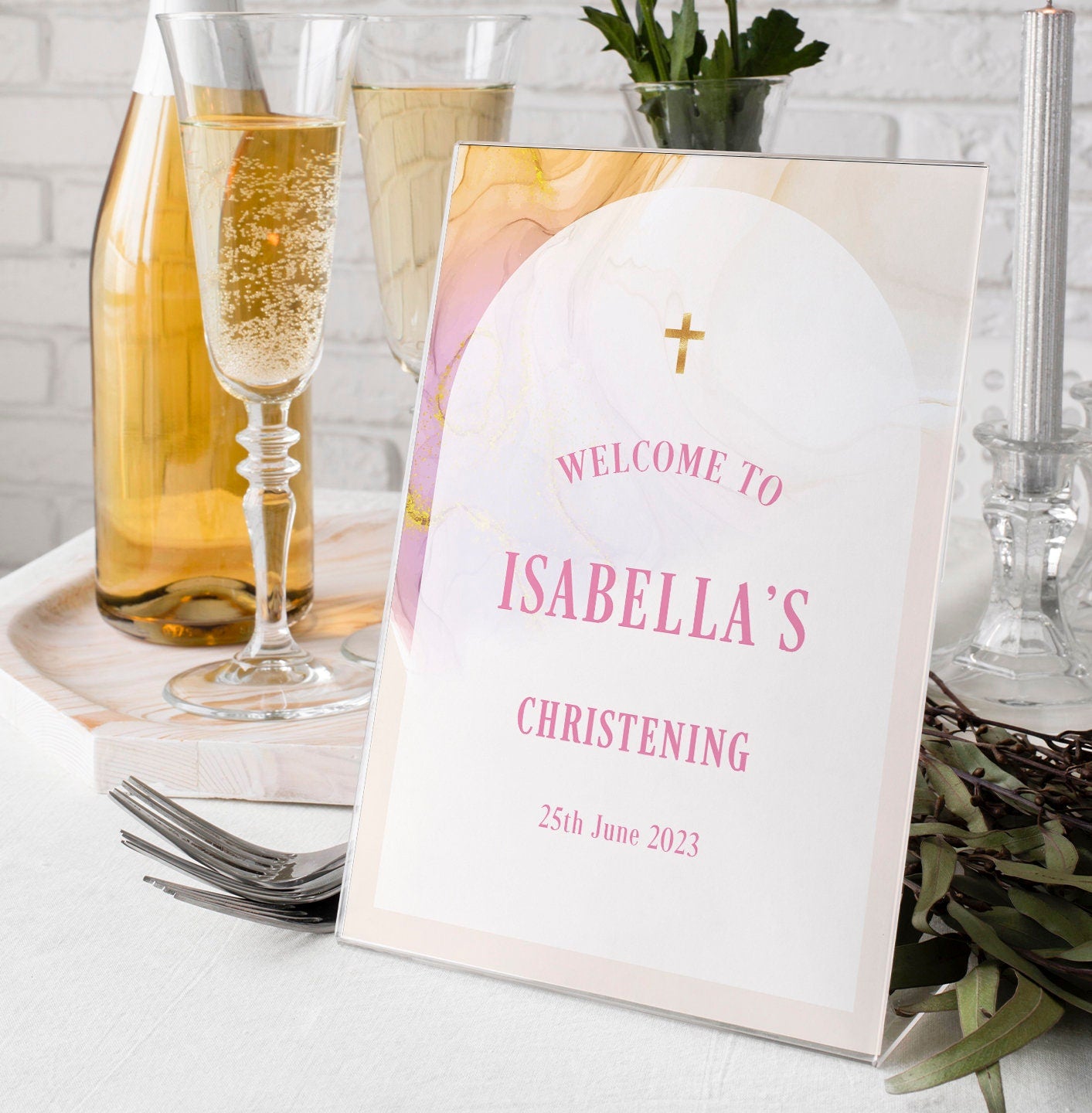 Pink and Gold Marble Christening Welcome Sign