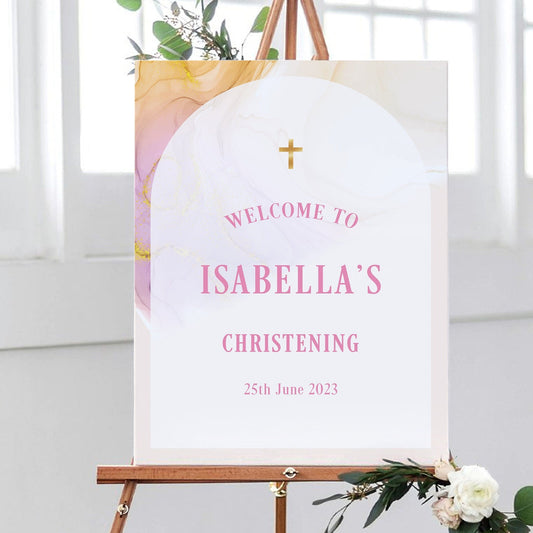 Pink and Gold Marble Christening Welcome Sign