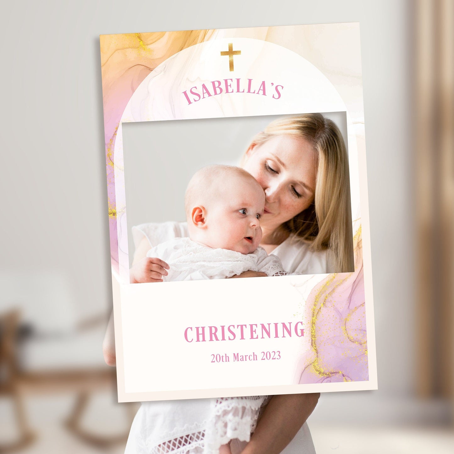 Pink and Gold Christening Selfie Frame & Welcome Sign