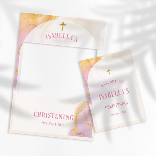 Pink and Gold Christening Selfie Frame & Welcome Sign