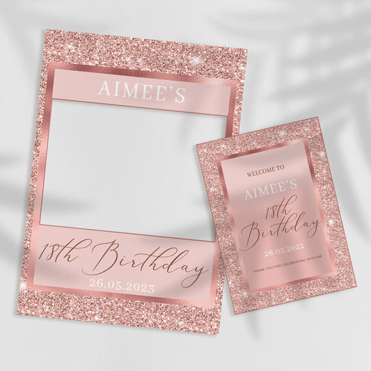 Rose Gold Birthday Selfie Frame and Matching Party Sign