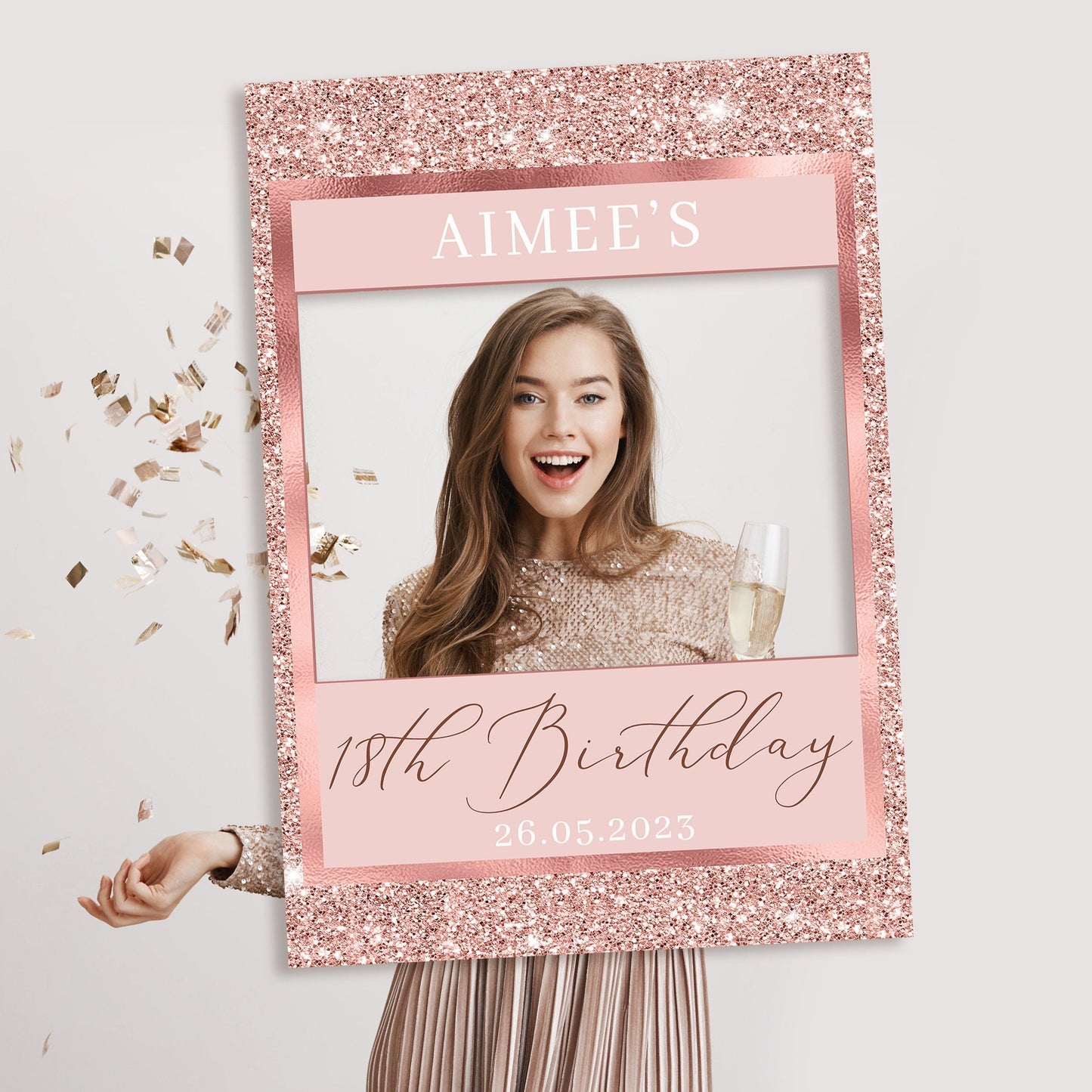 Rose Gold Birthday Selfie Frame and Matching Party Sign