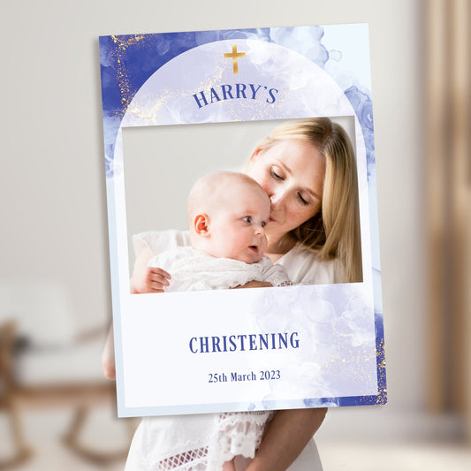 Blue and White Christening Selfie Frame & Welcome Sign